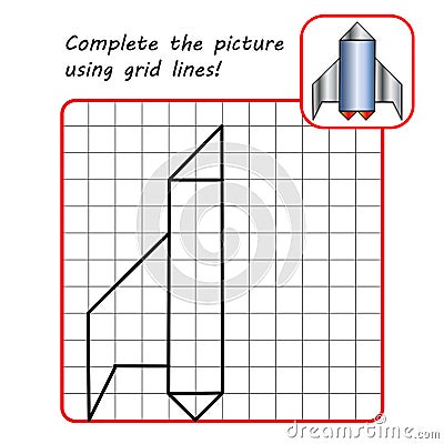 Educational game for kids. Simple exercise. Rocket drawing using grid. Vector Illustration